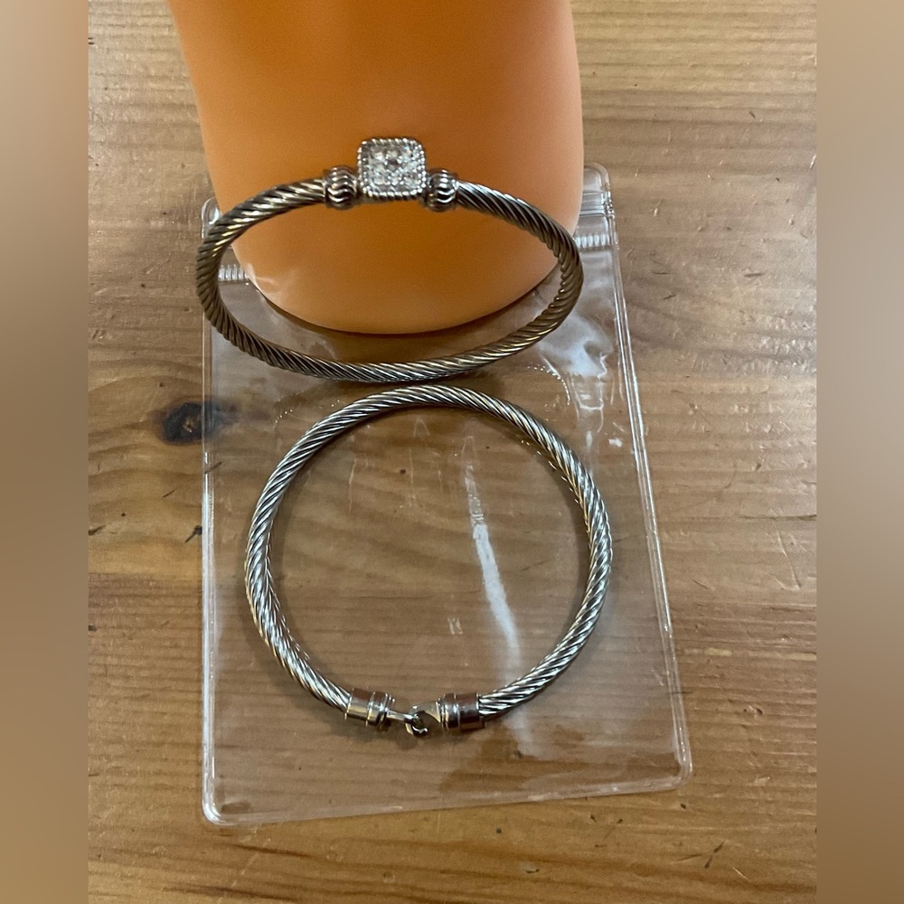 Emma Skye:DSMK Stainless steel not silver twisted cable bangle bracelet duo/set